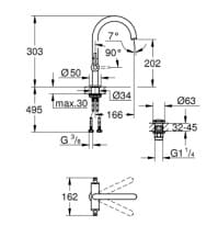 Bản vẽ Vòi Chậu Lavabo Nóng Lạnh 1 Lỗ Đức Grohe 21022GL3