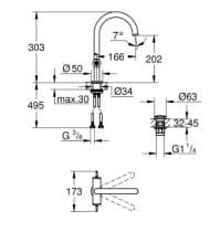 bản vẽ Vòi Chậu Lavabo Nóng Lạnh 1 Lỗ Đức Grohe 21134DA0