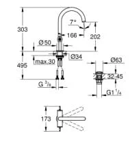 bản vẽ Vòi Chậu Lavabo Nóng Lạnh 1 Lỗ Đức Grohe 21134DA0
