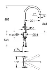 Bản vẽ Vòi Chậu Rửa Bát Nóng Lạnh Đức Grohe 30362AL0