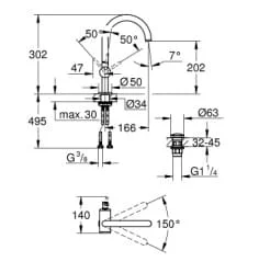 Bản vẽ Vòi Chậu Lavabo Nóng Lạnh 1 Lỗ Đức Grohe 32042DA3