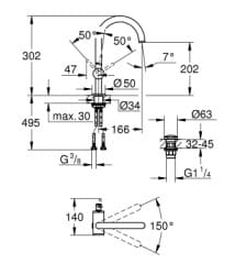 Bản vẽ Vòi Chậu Lavabo Nóng Lạnh 1 Lỗ Đức Grohe 32042GL3