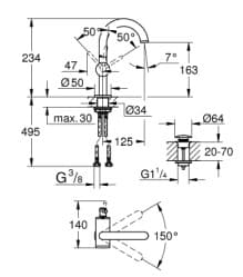 Bản vẽ Vòi Chậu Lavabo Nóng Lạnh 1 Lỗ Đức Grohe 32043AL3