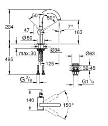 Bản vẽ Vòi Chậu Lavabo Nóng Lạnh 1 Lỗ Đức Grohe 32043DA3