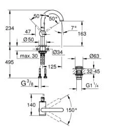 Bản vẽ Vòi Chậu Lavabo Nóng Lạnh 1 Lỗ Đức Grohe 32043DA3