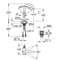 Bản vẽ Vòi Chậu Lavabo Nóng Lạnh 1 Lỗ Đức Grohe 32043GL3