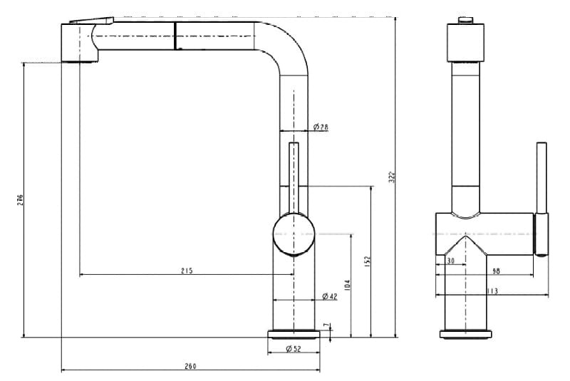 Bản vẽ Vòi Bếp Dây Rút Nóng Lạnh Paulschmitt PA313K