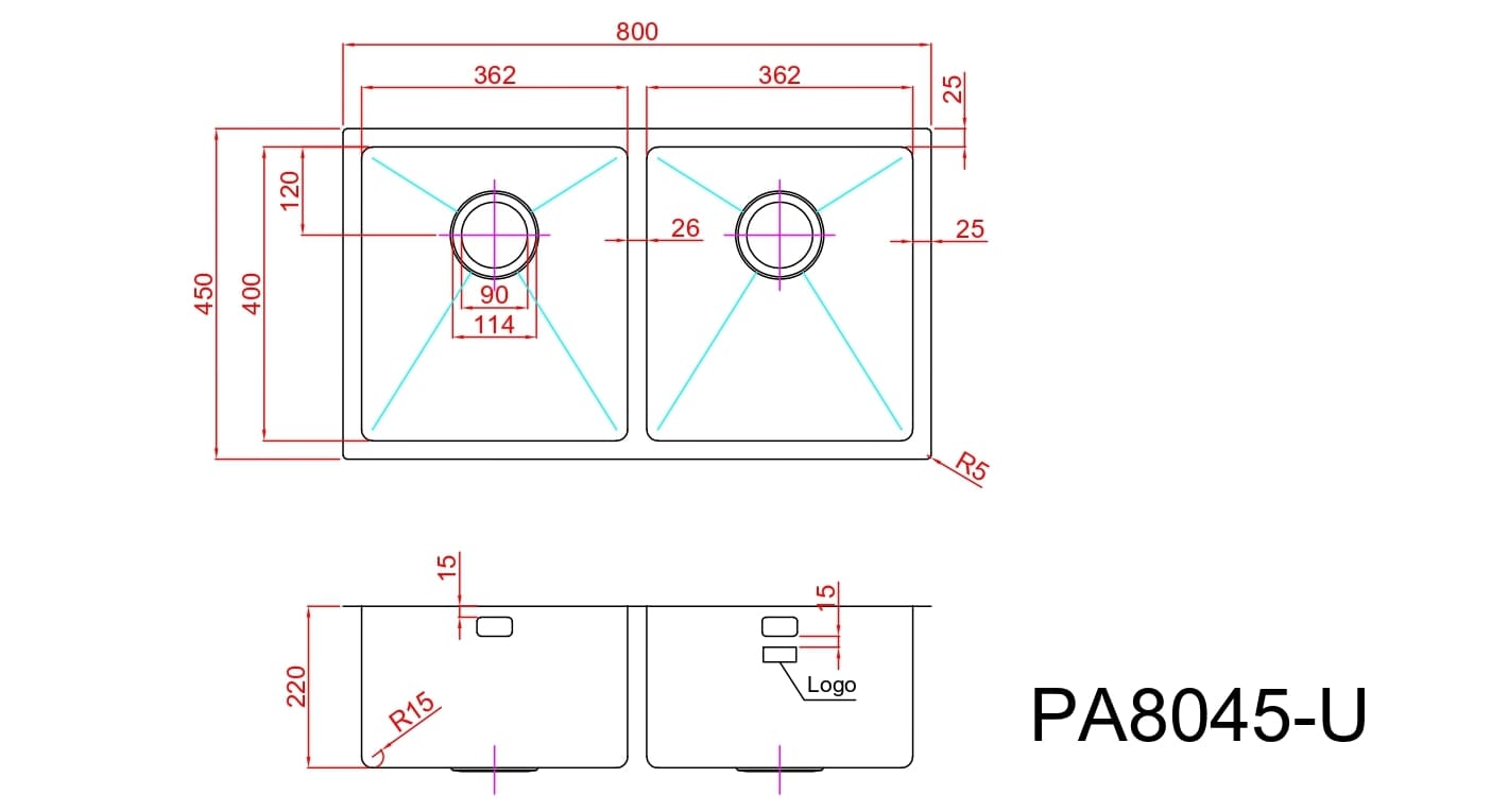 Bản vẽ Chậu Rửa Bát 2 Hố Paulschmitt PA8045-U