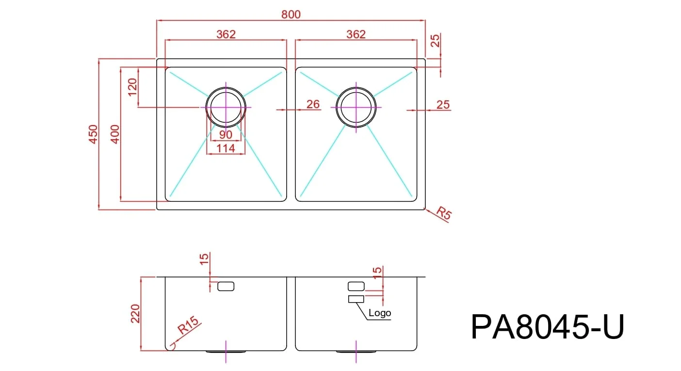 Bản vẽ Chậu Rửa Bát 2 Hố Paulschmitt PA8045-U