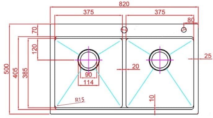 Bản vẽ Chậu Rửa Bát 2 Hố Paulschmitt PA8250-TD