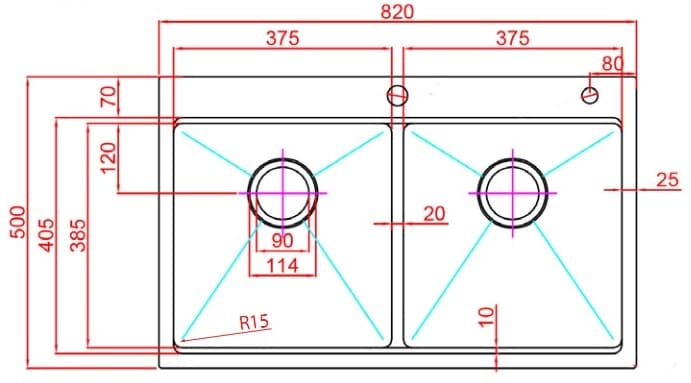 Bản vẽ Chậu Rửa Bát 2 Hố Paulschmitt PA8250-TDA
