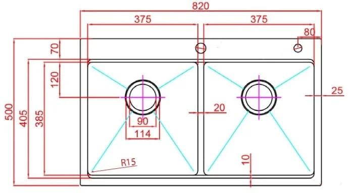 Bản vẽ Chậu Rửa Bát 2 Hố Paulschmitt PA8250-TDA