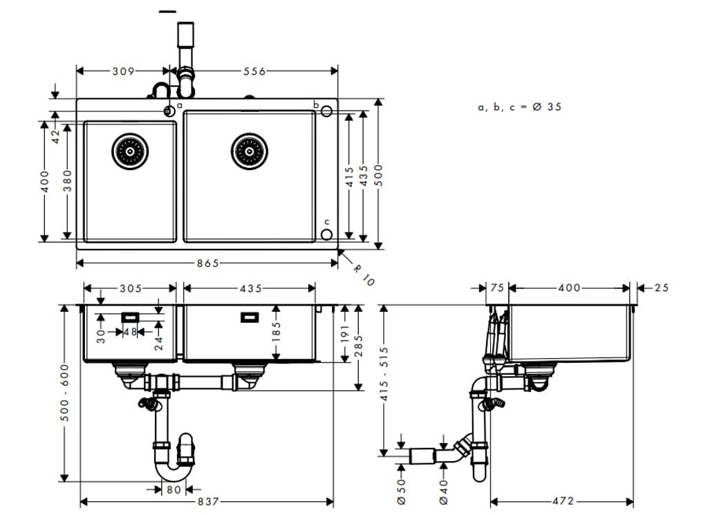 Bản vẽ Chậu Rửa Bát 2 hố Hansgrohe 43304809
