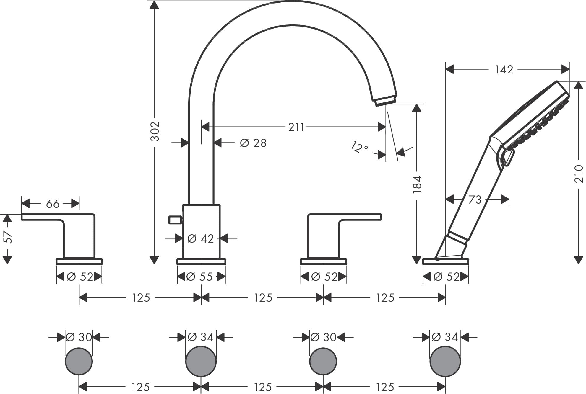 Bản vẽ BỘ TRỘN BỒN TẮM 4 Lỗ HANSGROHE 71451007