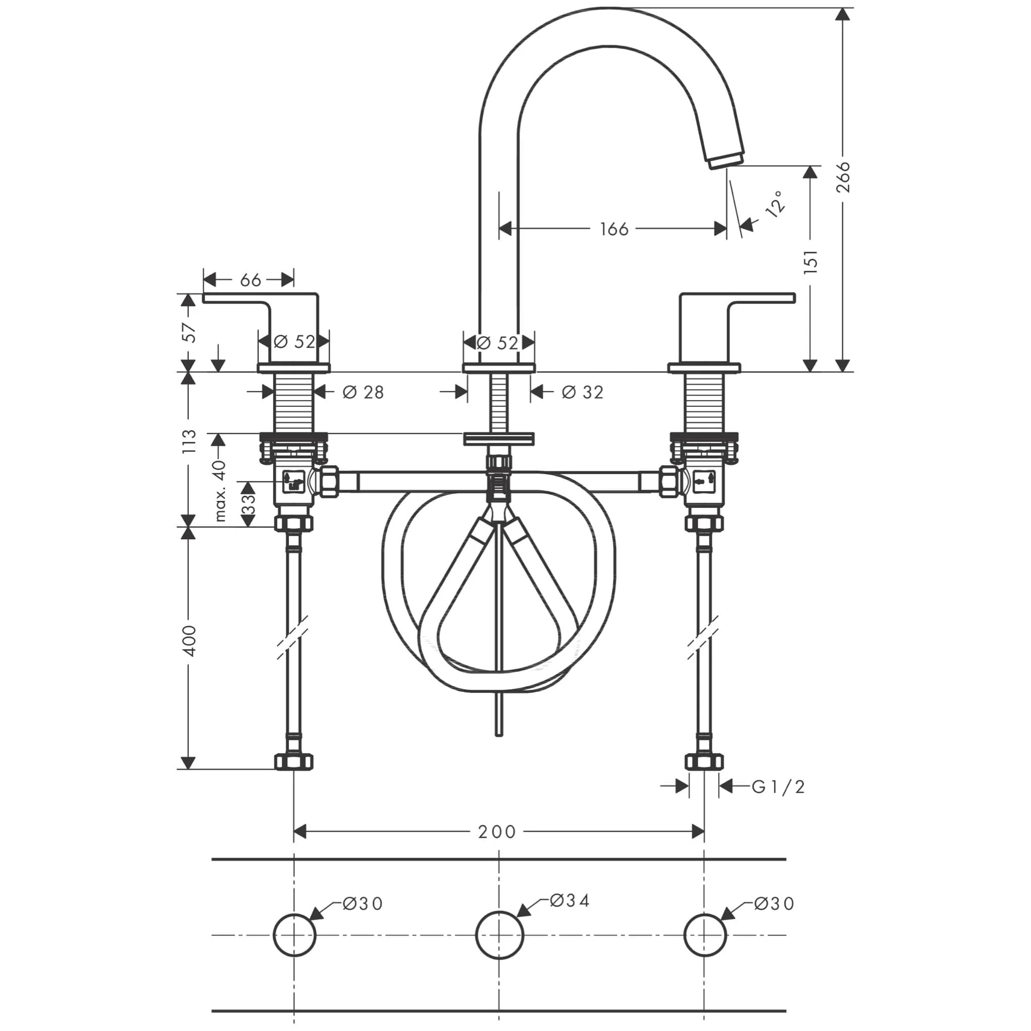 Bản vẽ Vòi chậu 3 lỗ Hansgrohe 71563677