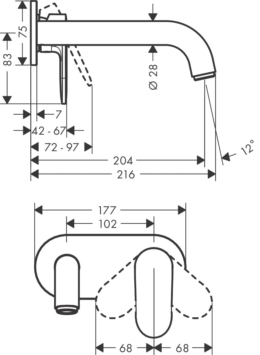 Bản vẽ Vòi chậu âm tường Hansgrohe 71576007