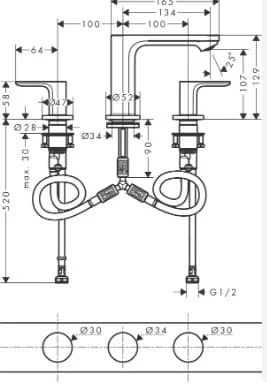 Bản vẽ Vòi chậu 3 lỗ Hansgrohe 72532677