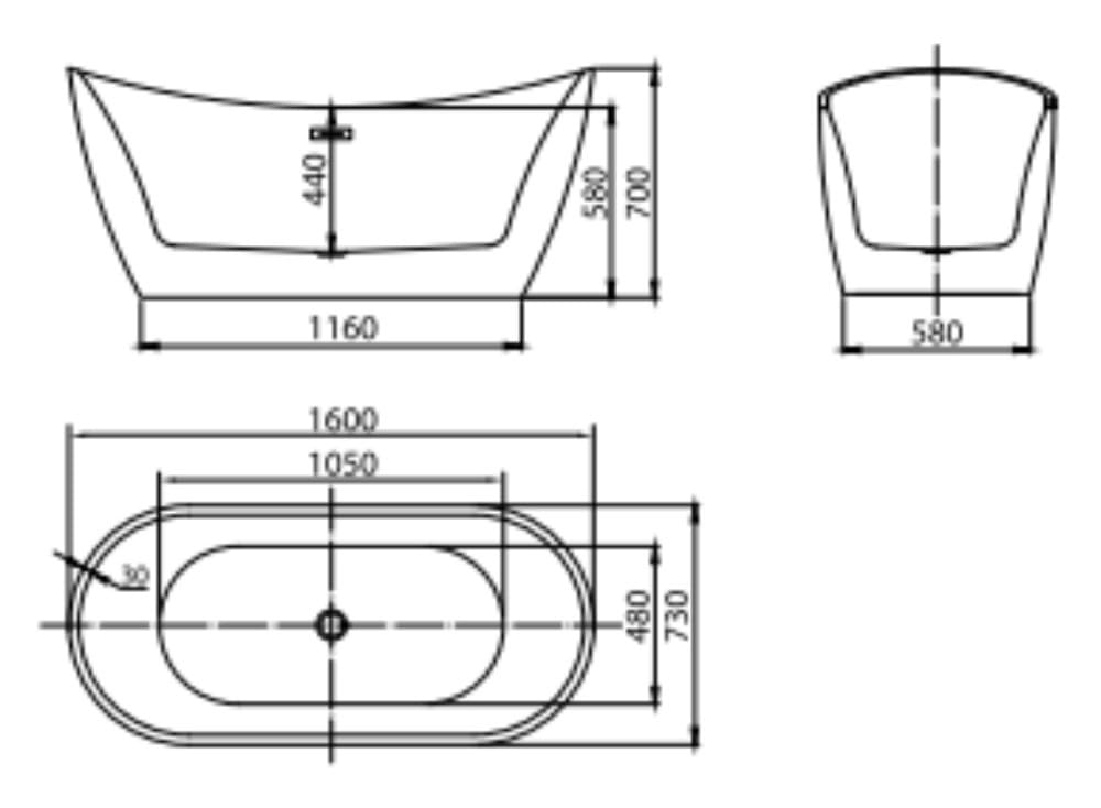 Bản vẽ Bồn tắm đặt sàn Mowoen MW8207BW-160 màu đen