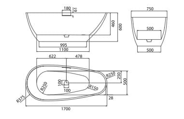 Bản vẽ Bồn Tắm Mô Phỏng Đá Tự Nhiên Đặt Sàn Mowoen MW003-Matt Black