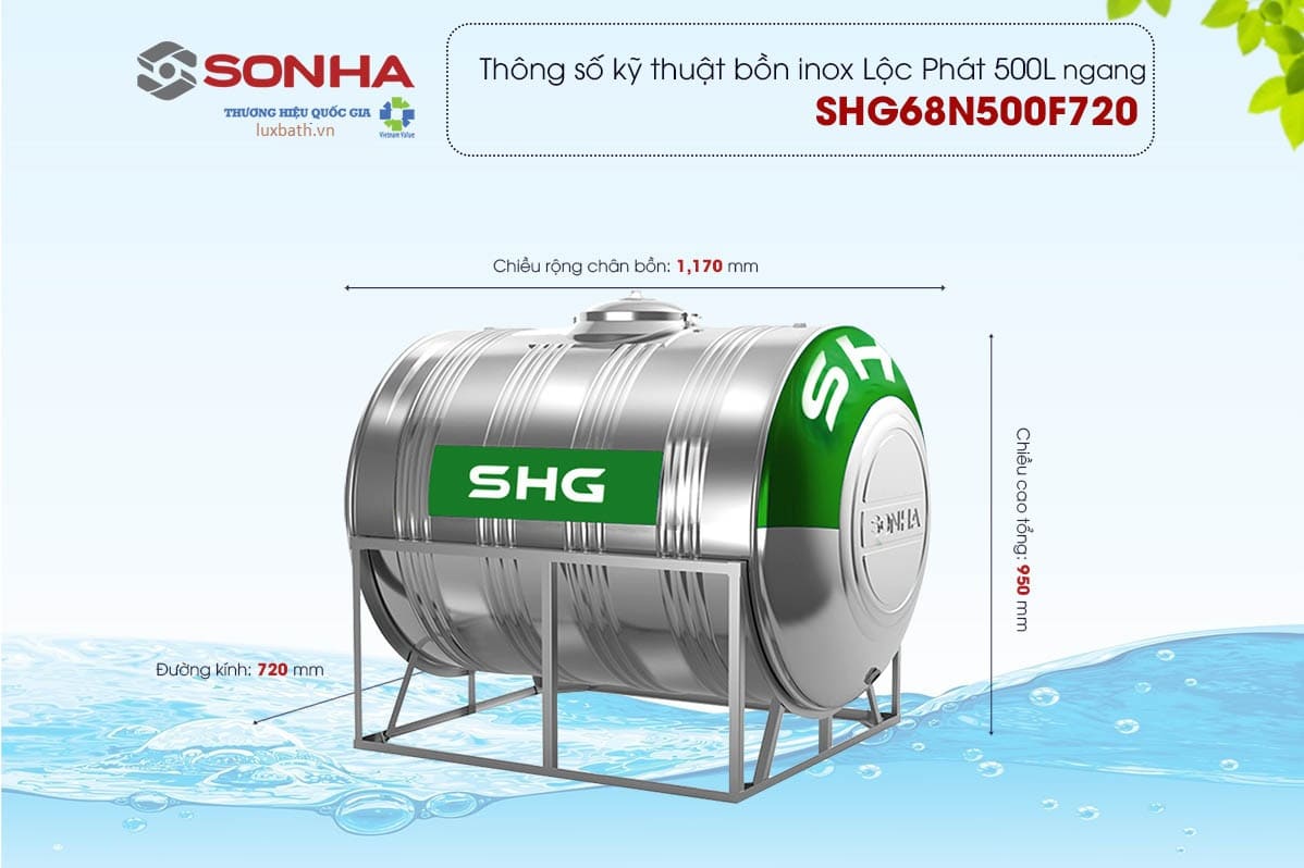 Thông số kỹ thuật bồn nước Lộc Phát Sơn Hà Xanh 500l nằm