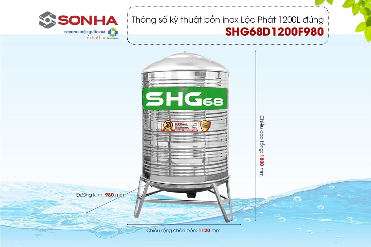 Thông số kỹ thuật bồn nước Lộc Phát Sơn Hà Xanh 1200l đứng