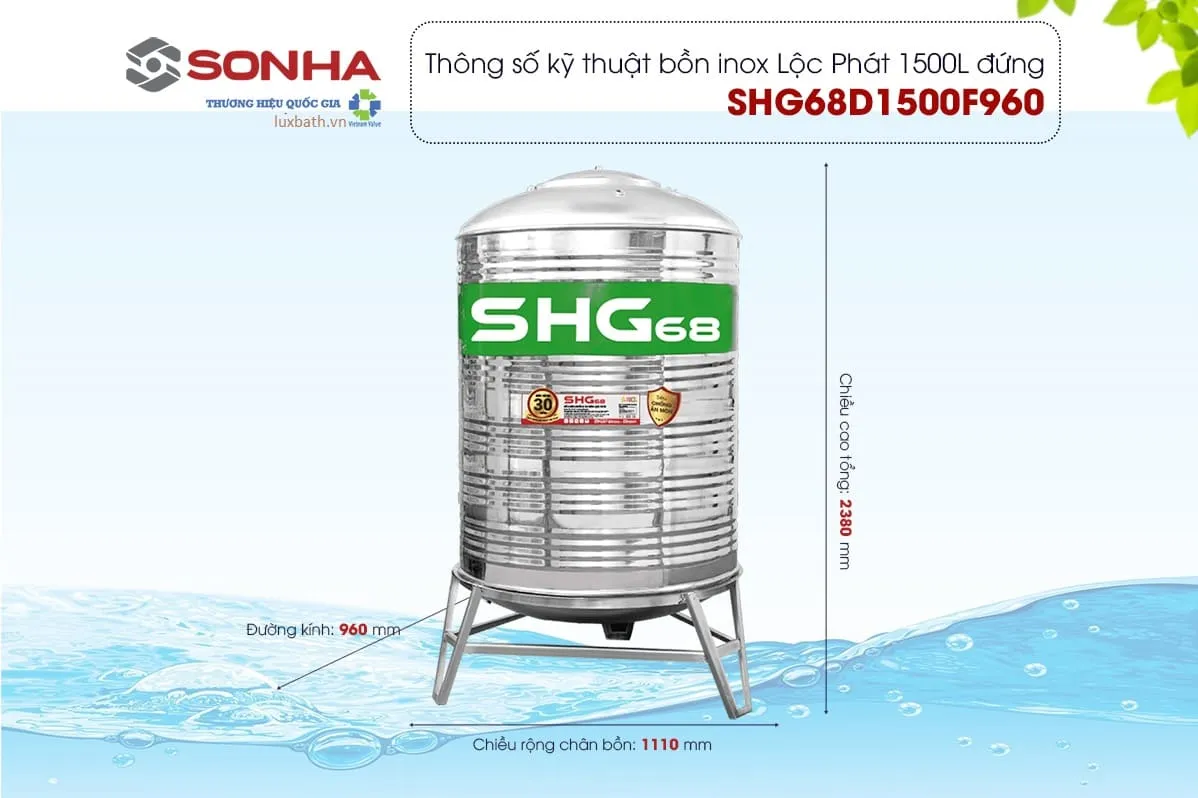 Thông số kỹ thuật bồn nước Lộc Phát Sơn Hà Xanh 1500l đứng phi 960