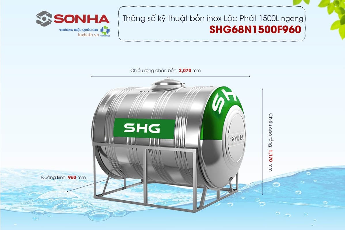 Thông số kỹ thuật bồn nước Lộc Phát Sơn Hà Xanh 1500l nằm phi 960
