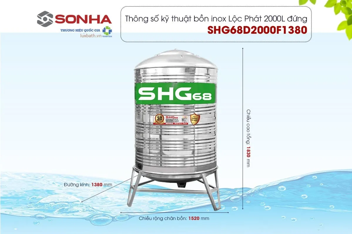 Thông số kỹ thuật bồn nước Lộc Phát Sơn Hà Xanh 2000l đứng phi 1380