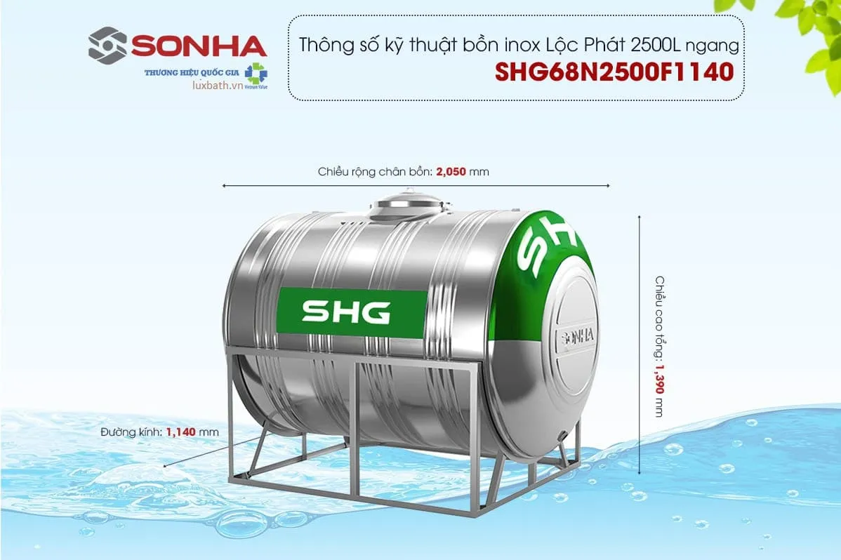 Thông số kỹ thuật bồn nước Lộc Phát Sơn Hà Xanh 2500l nằm phi 1140