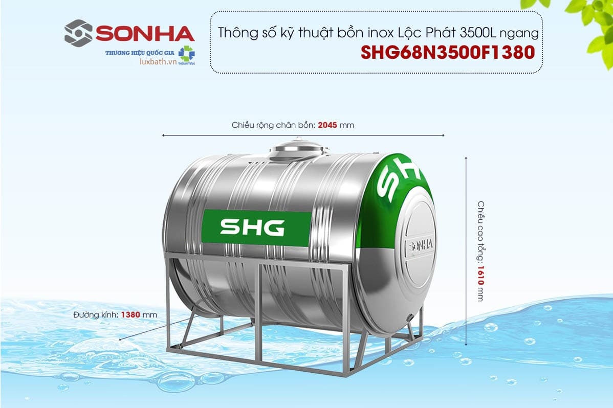 Thông số kỹ thuật bồn nước Lộc Phát Sơn Hà Xanh 3500l nằm phi 1380
