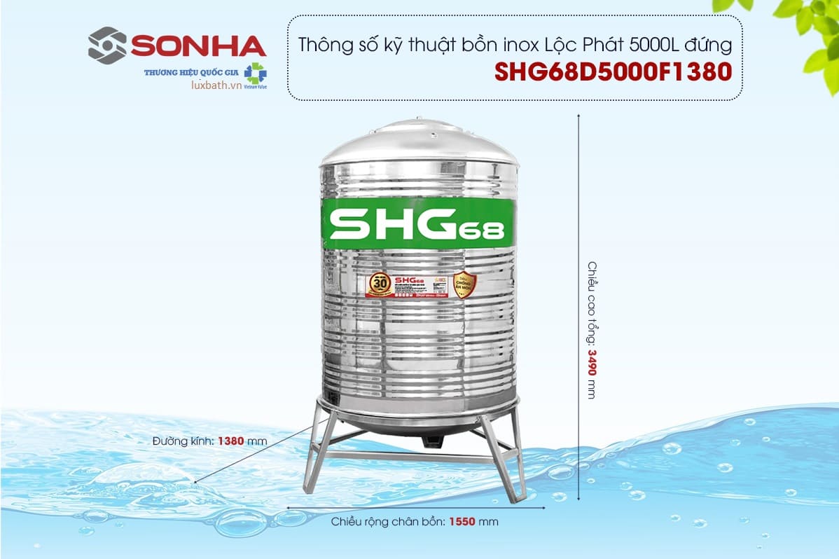 Thông số kỹ thuật bồn nước Lộc Phát Sơn Hà Xanh 5000l đứng phi 1380
