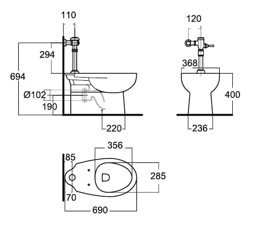 Bản vẽ Bồn Cầu Van Xả Trực Tiếp American Standard 2490-WT