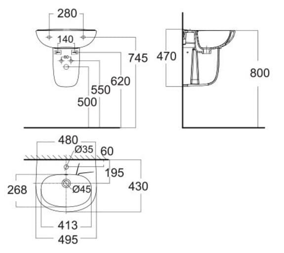 Bản vẽ Chậu rửa treo tường chân lửng American Standard VF-0947/VF-0741
