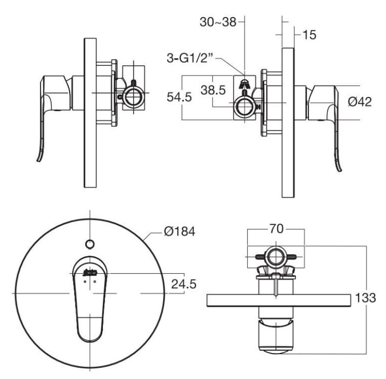 Bản vẽ Sen tắm nóng lạnh âm tường American Standard WF-0722
