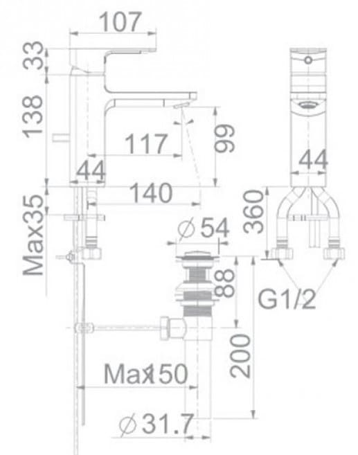 Bản vẽ Vòi chậu 1 lỗ nóng lạnh màu đen American Standard WF-1301MB