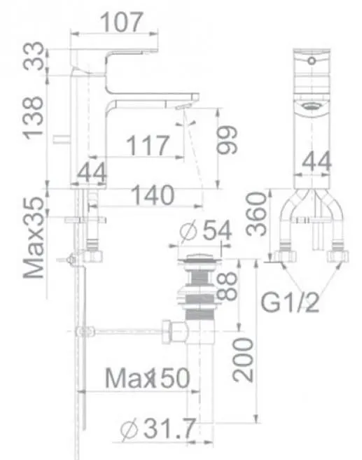 Bản vẽ Vòi chậu 1 lỗ nóng lạnh màu đen American Standard WF-1301MB