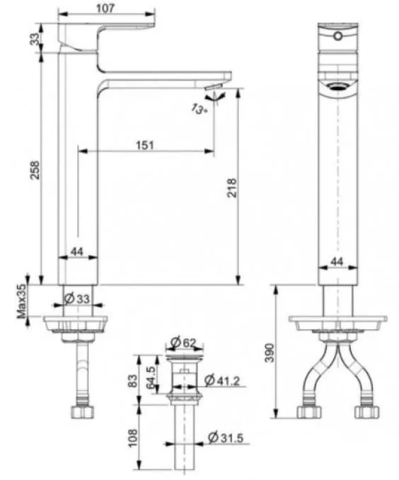 Bản vẽ Vòi chậu 1 lỗ nóng lạnh màu đen American Standard WF-1302MB
