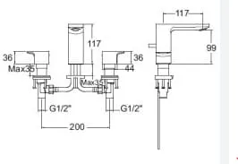 Bản vẽ Vòi rửa mặt nóng lạnh 3 chân gắn chậu American Standard WF-1303