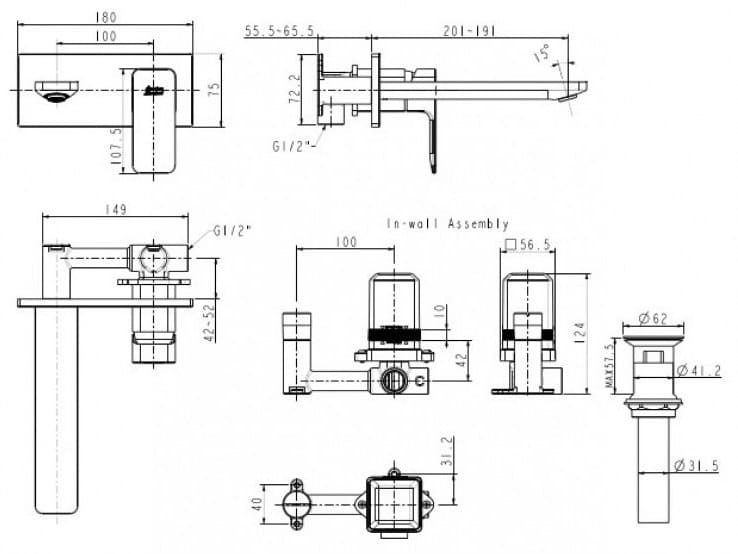 Bản vẽ Vòi chậu nóng lạnh gắn tường màu đen American Standard WF-1304MB 