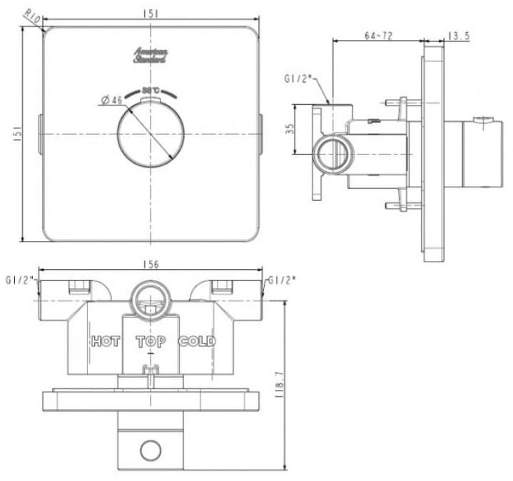 Bản vẽ Bộ trộn nhiệt độ âm tường American Standard FFAS0930MB 