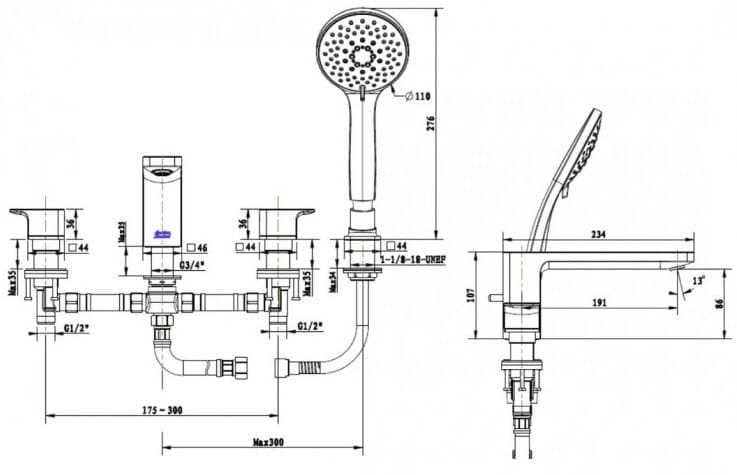 Bản vẽ Vòi bồn tắm gắn bồn American Standard WF-1300MB