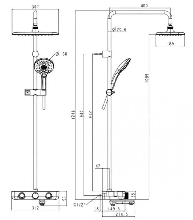 Bản vẽ Sen Cây Nhiệt Độ American Standard WF-4956MB EasySET Màu Đen 
