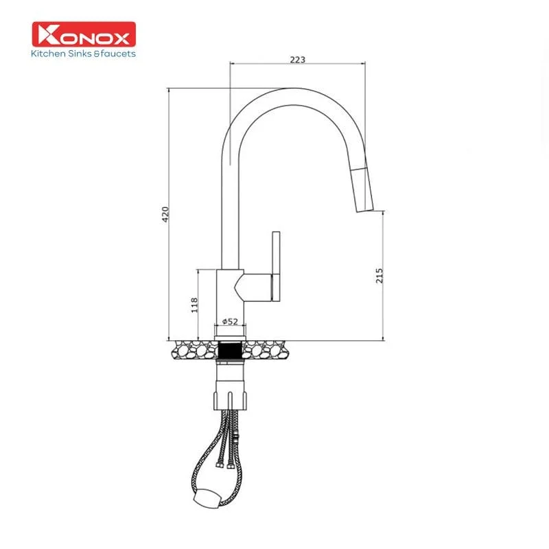 Bản vẽ Vòi rửa bát nóng lạnh dây rút Konox Alto Nickel