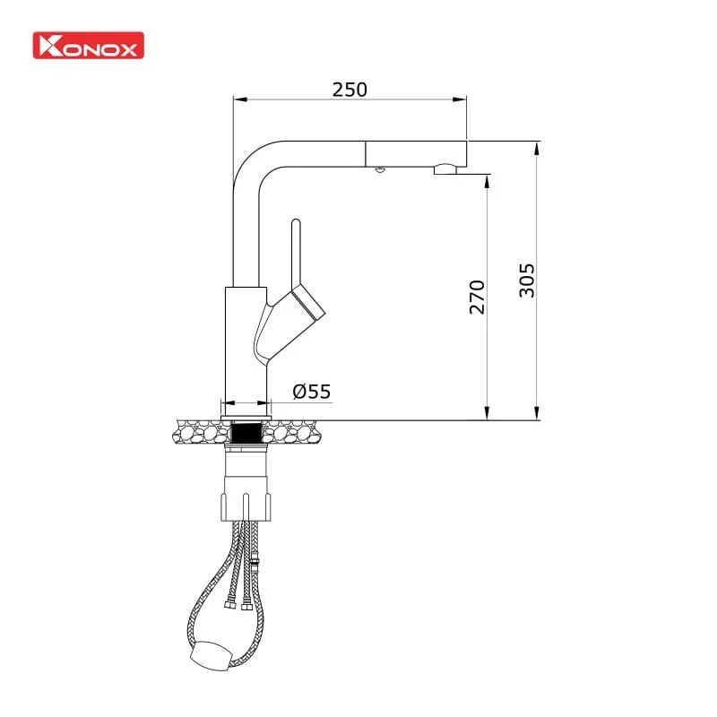 Bản vẽ Vòi rửa bát nóng lạnh dây rút Konox Artan Grey