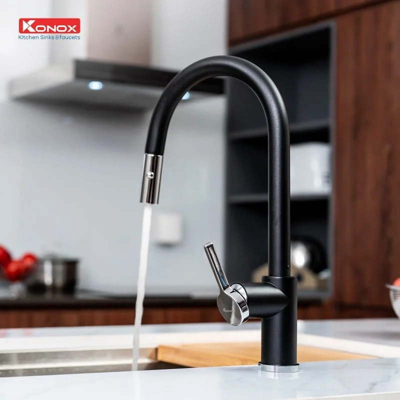 Bản vẽ Vòi rửa bát nóng lạnh dây rút Konox Alto Black