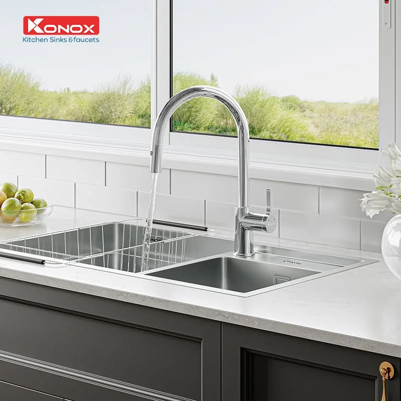Vòi rửa bát nóng lạnh dây rút Konox Alto Chrome