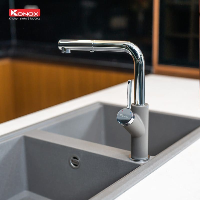 Vòi rửa bát nóng lạnh dây rút Konox Artan Grey
