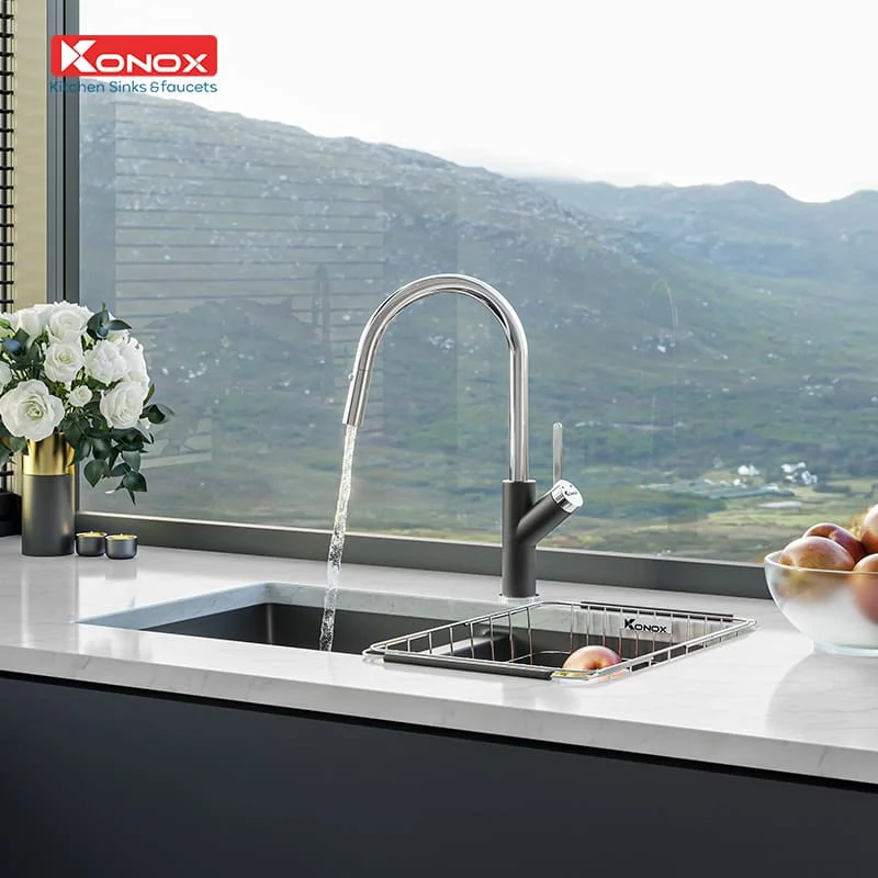 Bản vẽ Vòi rửa bát nóng lạnh dây rút Konox Ponte Black