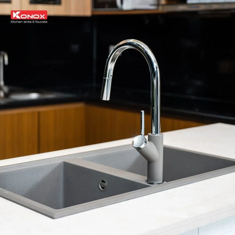 Vòi rửa bát nóng lạnh dây rút Konox Ponte Grey