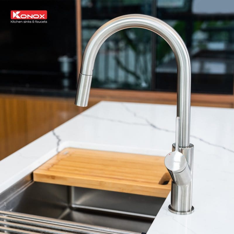 Vòi rửa bát nóng lạnh dây rút Konox Ponte Nickel